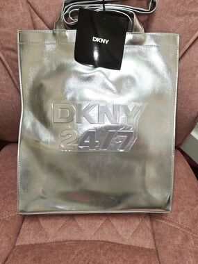DKNY Metallic Silver Logo Tote